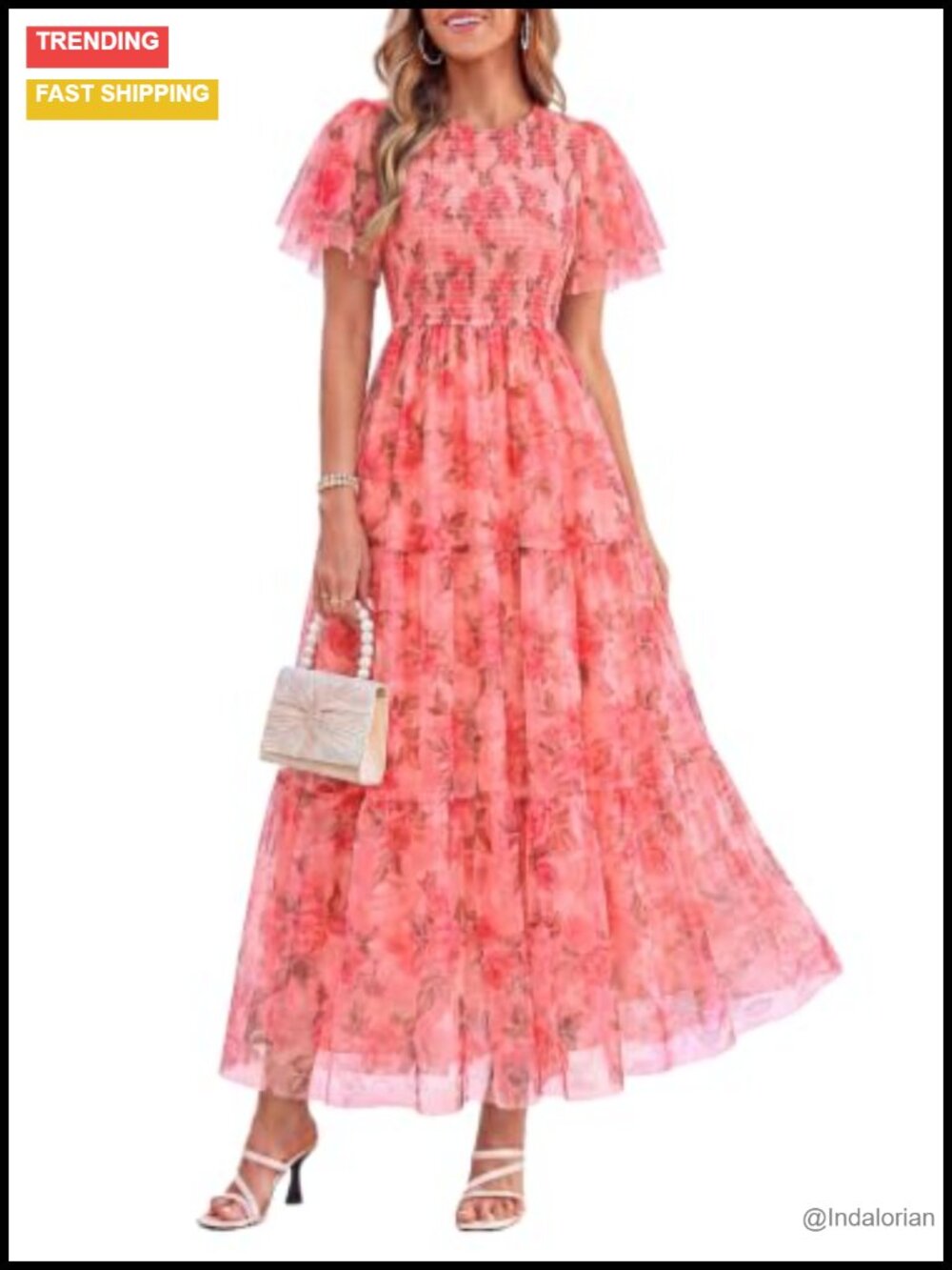 Women's Tulle Floral Flowy Maxi Dress Flutter Sleeve A-Line
